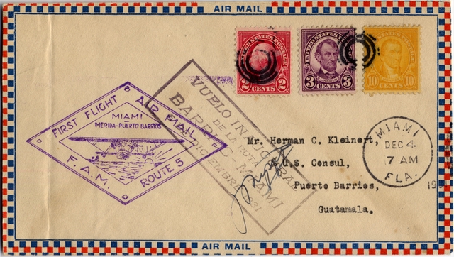 Airmail flight cover: First airmail flight, FAM-5, Miami - Puerto Barrios route, Juan Trippe