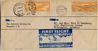 Image: airmail flight cover: Pan American Airways, first Pacific survey flight, Hawaii - California