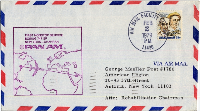 Airmail flight cover: Pan American World Airways, Boeing 747SP, New York - Dhahran route