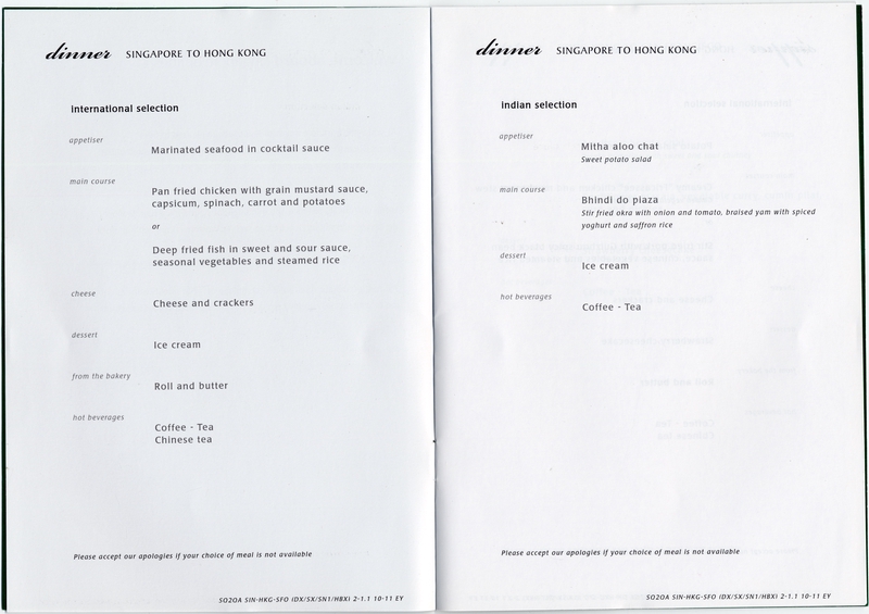 Image: menu: Singapore Airlines, Economy Class