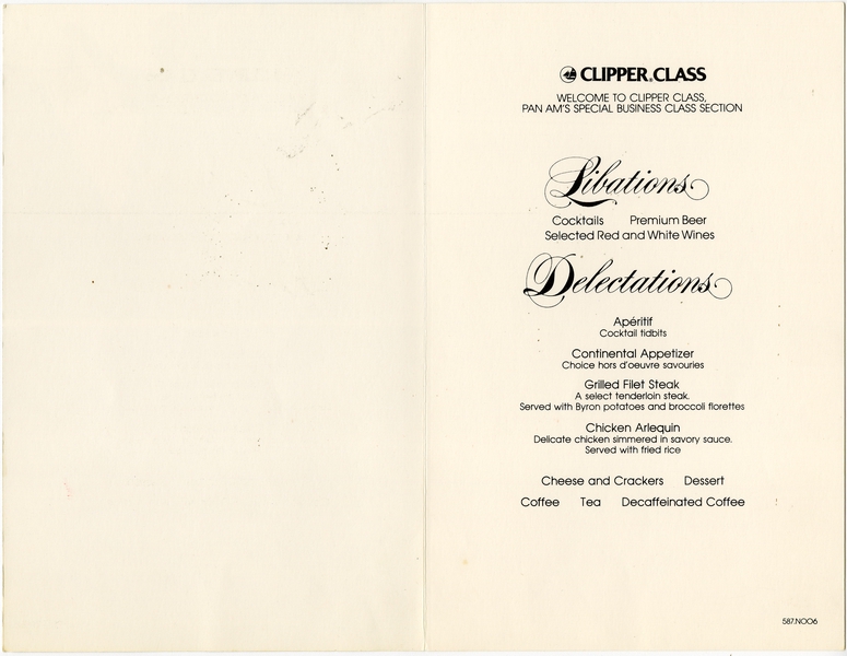Image: menu: Pan American World Airways, Clipper (Business) Class