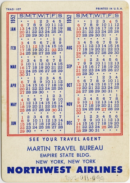 Image: pocket calendar: Northwest Airlines, 1952