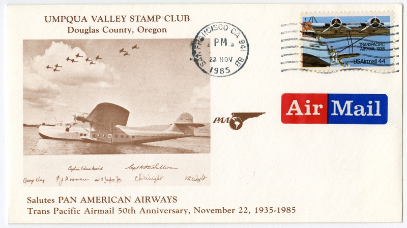 Image: airmail flight cover: Umpqua Valley Stamp Club, Pan American World Airways, 50th anniversary of transpacific airmail