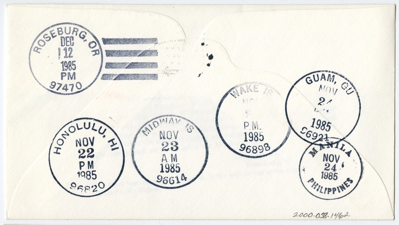 Image: airmail flight cover: Umpqua Valley Stamp Club, Pan American World Airways, 50th anniversary of transpacific airmail