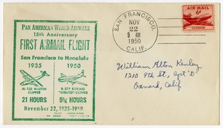 Image: airmail flight cover: Pan American World Airways, San Francisco - Honolulu route
