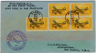 Image: airmail flight cover: Pan American Airways, first airmail flight, Hong Kong - San Francisco route