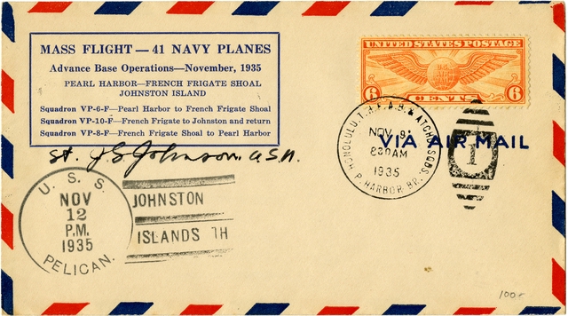 Airmail flight cover: U.S. Navy Mass Flight, Hawaii, Johnston Island, French Frigate Shoal, November 9-17, 1935