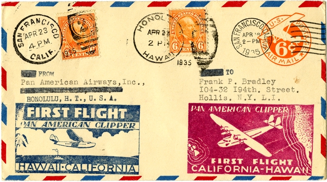 Airmail flight cover: Pan American Airways, first Pacific survey flight, California - Hawaii and return route