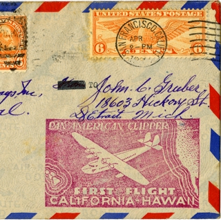 Image #1: airmail flight cover: Pan American Airways, first Pacific survey flight, California - Hawaii route