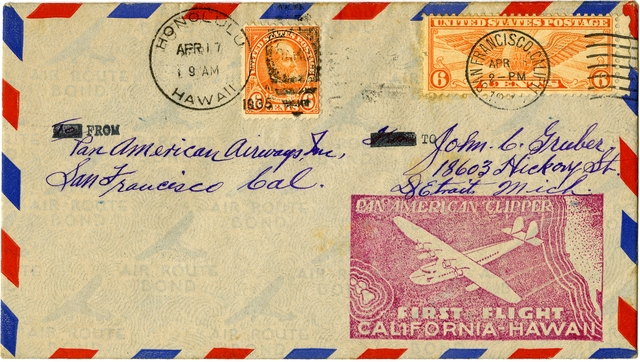 Airmail flight cover: Pan American Airways, first Pacific survey flight, California - Hawaii route