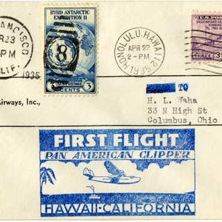 Image #1: airmail flight cover: Pan American Airways, first Pacific survey flight, Hawaii - California route