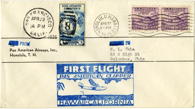 Airmail flight cover: Pan American Airways, first Pacific survey flight, Hawaii - California route