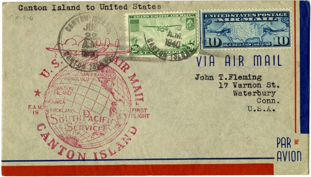 Airmail flight cover: Pan American Airways, first airmail flight, FAM-19, Canton Island