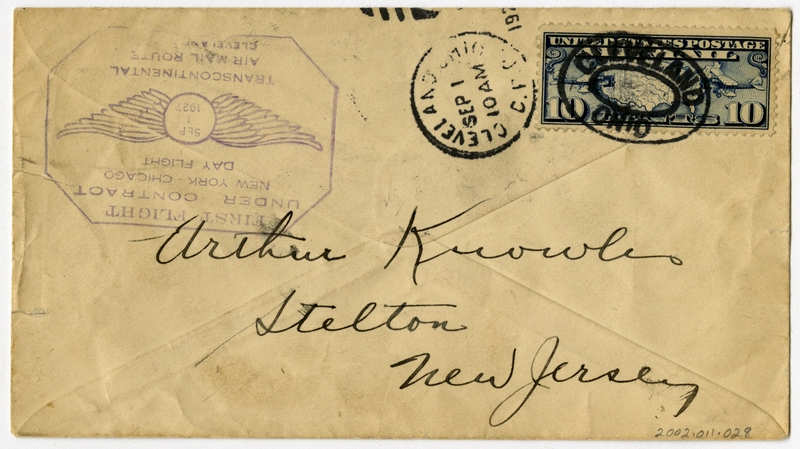 Image: airmail flight cover: First airmail flight, Transcontinental Air Mail, New York - Chicago route, Cleveland