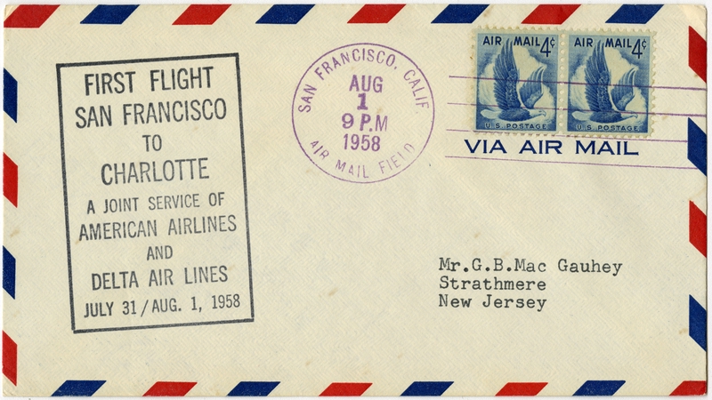 Image: airmail flight cover: American Airlines, Delta Air Lines, Joint service, San Francisco - Charlotte route