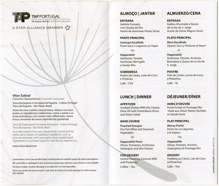 Image: menu: TAP (Transportes Aereos Portugueses)
