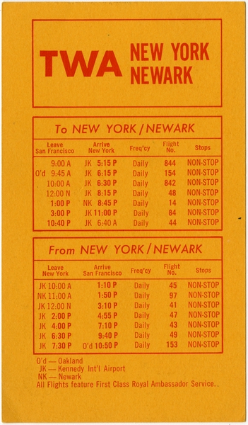 Image: timetable card: TWA (Trans World Airlines)