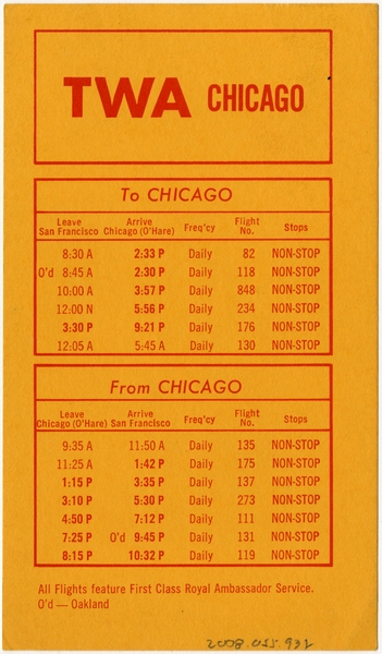 Image: timetable card: TWA (Trans World Airlines)