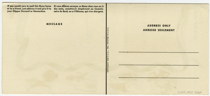 Image: menu: Pan American World Airways, President (First) Class