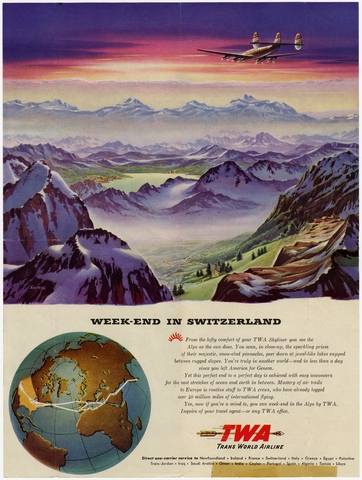 Advertisement: TWA (Trans World Airlines), Lockheed Constellation, Saturday Evening Post