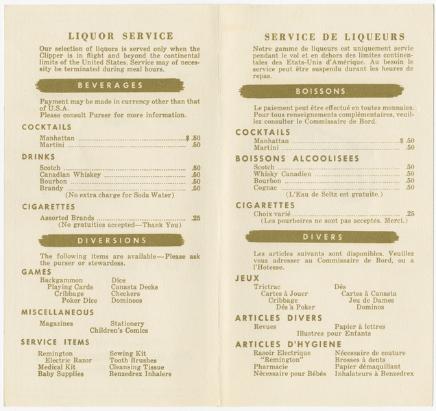 Image: menu: Pan American World Airways, Rainbow (Economy) Class