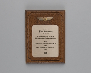 plaque: Airline Pilots Association-Council No. 34 and U.A.L. Cockpit Wives Coalition S.F., Edith Lauterbach