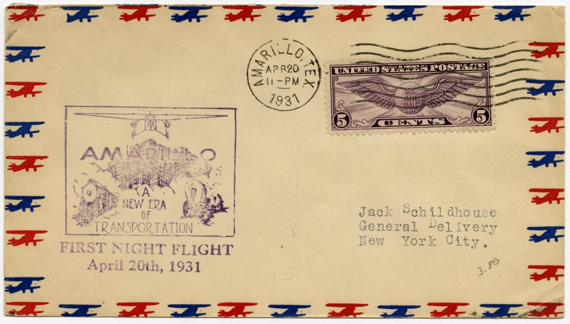Image: airmail flight cover: First Night Flight, Amarillo