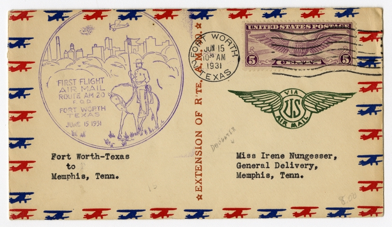 Image: airmail flight cover: AM-20, Fort Worth - Memphis route