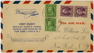 Image: airmail flight cover: Los Angeles - New York route