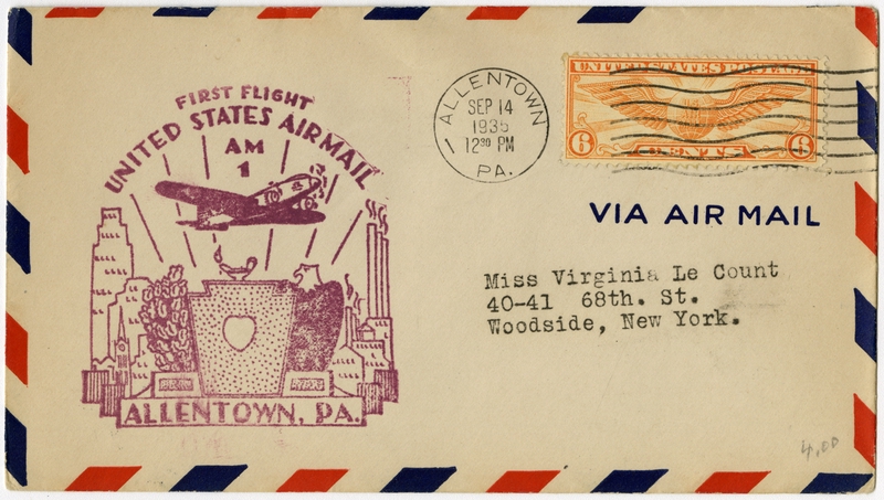 Image: airmail flight cover: AM-1, Allentown, Pennsylvania