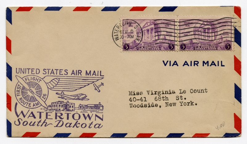 Image: airmail flight cover: AM-26, Watertown, South Dakota