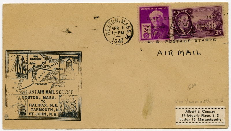 Image: airmail flight cover: Boston - Halifax, Yarmouth, and St. John