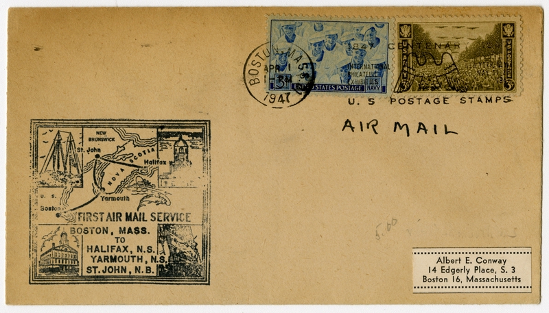 Image: airmail flight cover: Boston - Halifax, Yarmouth, and St. John