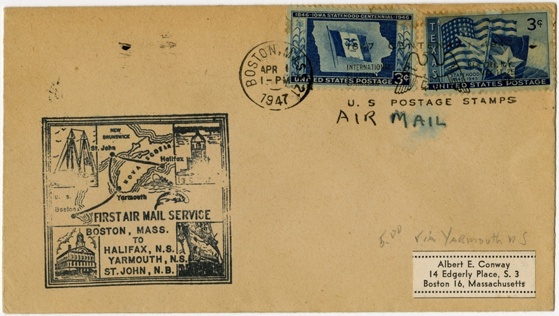 Image: airmail flight cover: Boston - Halifax, Yarmouth, and St. John