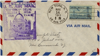Image: airmail flight cover: Pan American Airways, FAM-18, New York - Delhi route