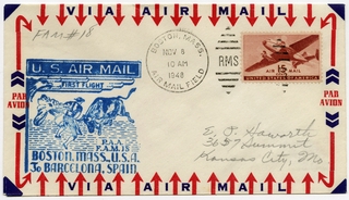 Image: airmail flight cover: Pan American World Airways, FAM-18, Boston - Barcelona route