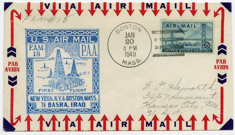 Image: airmail flight cover: Pan American World Airways, FAM-18, New York and Boston - Basra route