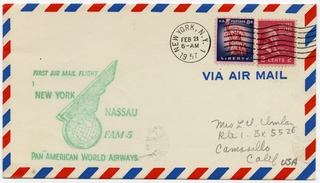 Image: airmail flight cover: Pan American World Airways, FAM-5, New York - Nassau route