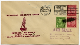 Image: airmail flight cover: Transamerican Airlines, National Aircraft Show, Detroit