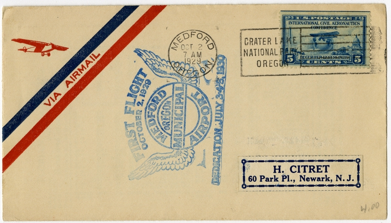 Image: airmail flight cover: Medford Municipal Airport, Oregon