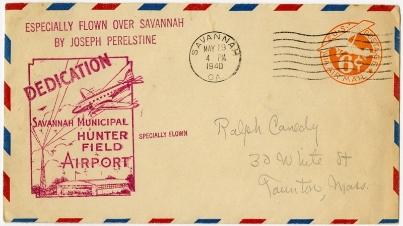 Image: airmail flight cover: Savannah Municipal Airport, Hunter Field