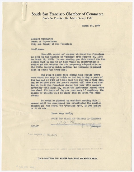 Image: correspondence: South San Francisco Chamber of Commerce, City and County of San Francisco, temporary airport site