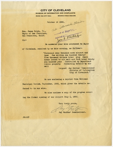 Correspondence: City of Cleveland, airport inquiry from San Francisco Mayor James Rolfe, Jr.