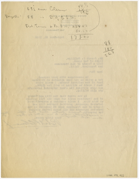 Image: correspondence: Irving Lundborg & Co., Joseph J. Phillips, Right of Way Agent for City and County of San Francisco