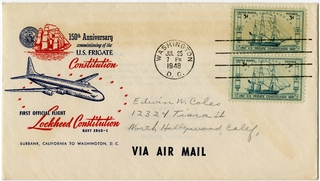 Image: airmail flight cover: Lockheed, 150th anniversary U.S. Frigate Constitution
