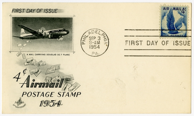 Airmail flight cover: 4-cent airmail postage stamp, United Air Lines