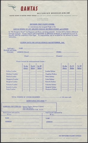 Airmail flight cover order form: Qantas Empire Airways, Boeing 707