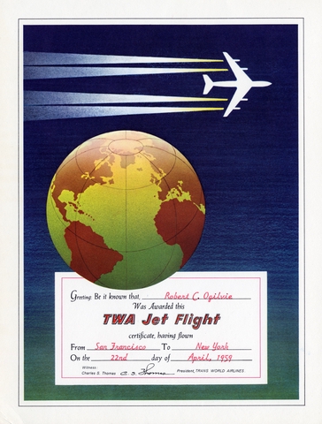 Souvenir certificate: TWA (Trans World Airlines), Jet flight for Robert C. Ogilvie