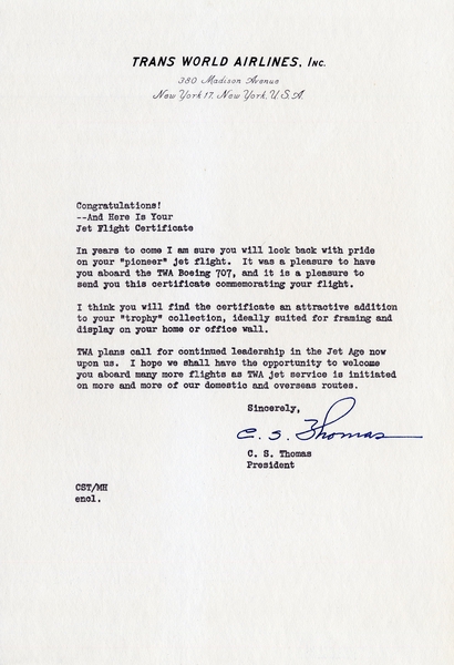 Image: souvenir certificate: TWA (Trans World Airlines), Jet flight for Robert C. Ogilvie