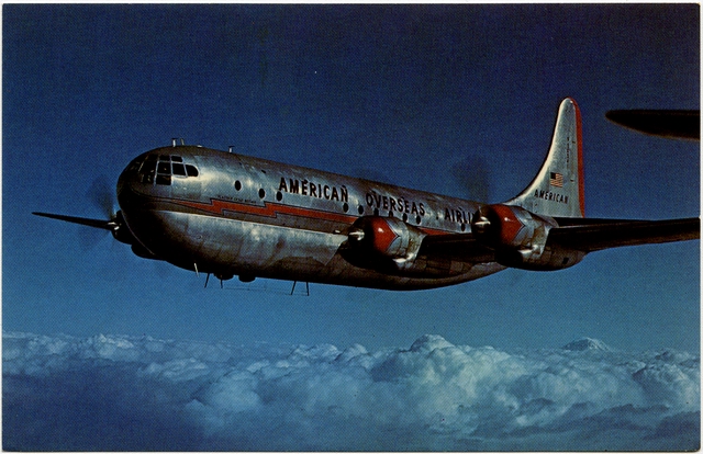 Aviation World postcard: American Overseas Airlines (AOA), Boeing 377 Stratocruiser